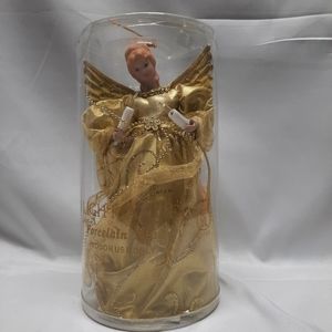 NIB Angel in gold dress tree topper lighted 10"